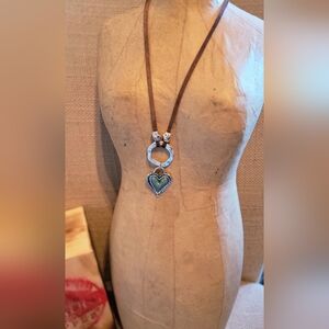 Women’s Heart Pendant Necklace in Green on Brown Cord